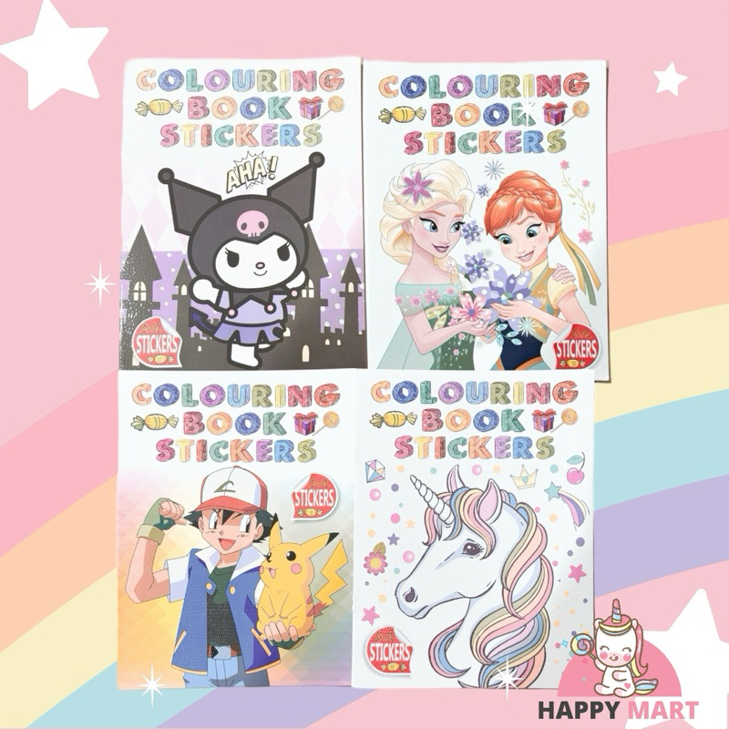 

Buku mewarnai / coloring book + sticker motif kuromi / unicorn / pikachu