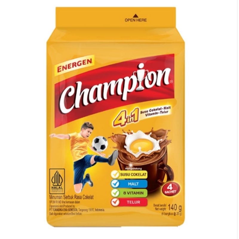 

Energen Champion minuman sereal bubuk rasa cokelat kemasan Bag 4 sachet x 35 gram