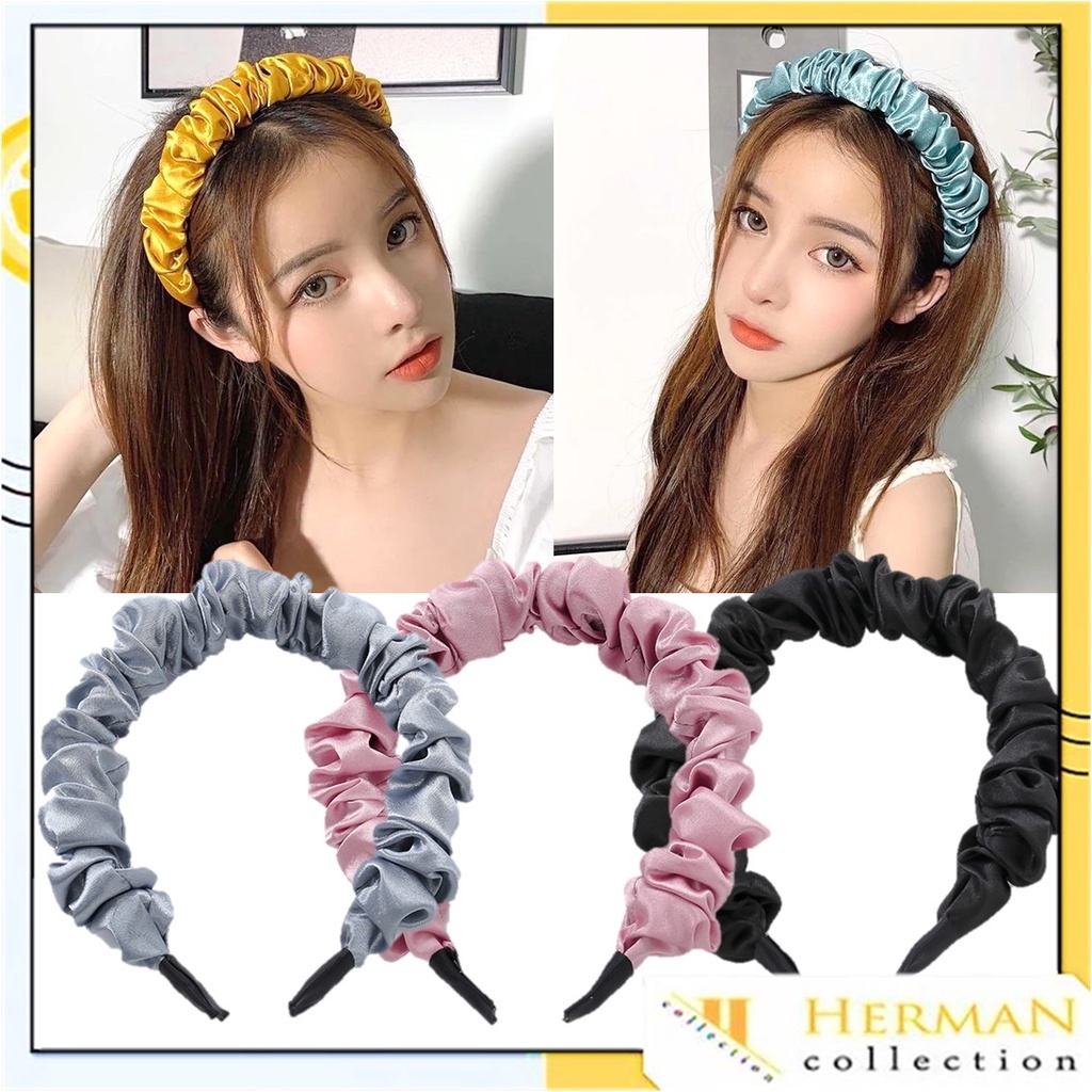 Bando Scrunchie Serut Satin Besar Korea Headband Ruffle Bandana Polos Wanita Bando Kain Scrunchie