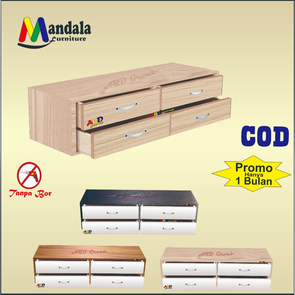 (RL 020)Rak Laci Dinding Nakas Serbaguna 4 Kotak Penyimpanan Minimalis 60x20cm Model Melayang Tempel