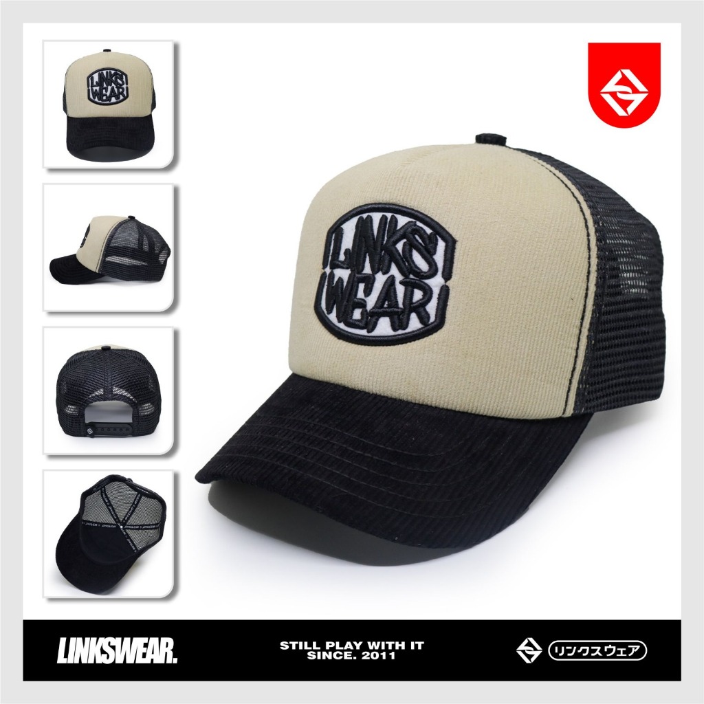 Topi Jaring Corduroy Topi Pria  Visor Pendek Hitam Cream 001