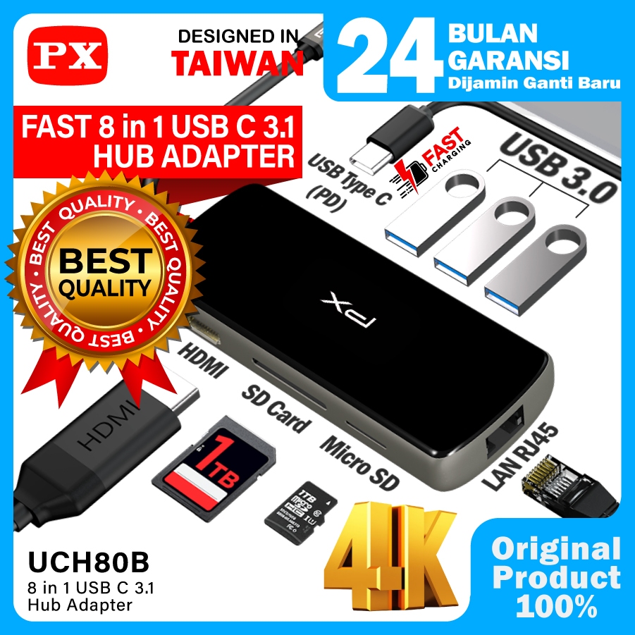 USB Type C Hub Converter to HDMI USB LAN Micro SD 8 in 1 PX UCH80B