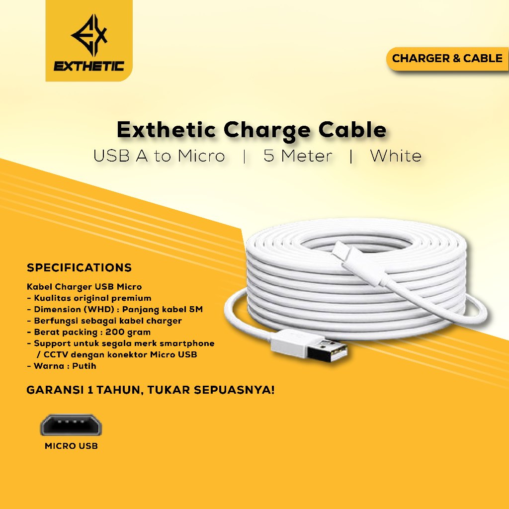 Kabel Data CCTV 5 Meter Exthetic Micro USB Cable EK05 Putih Hitam