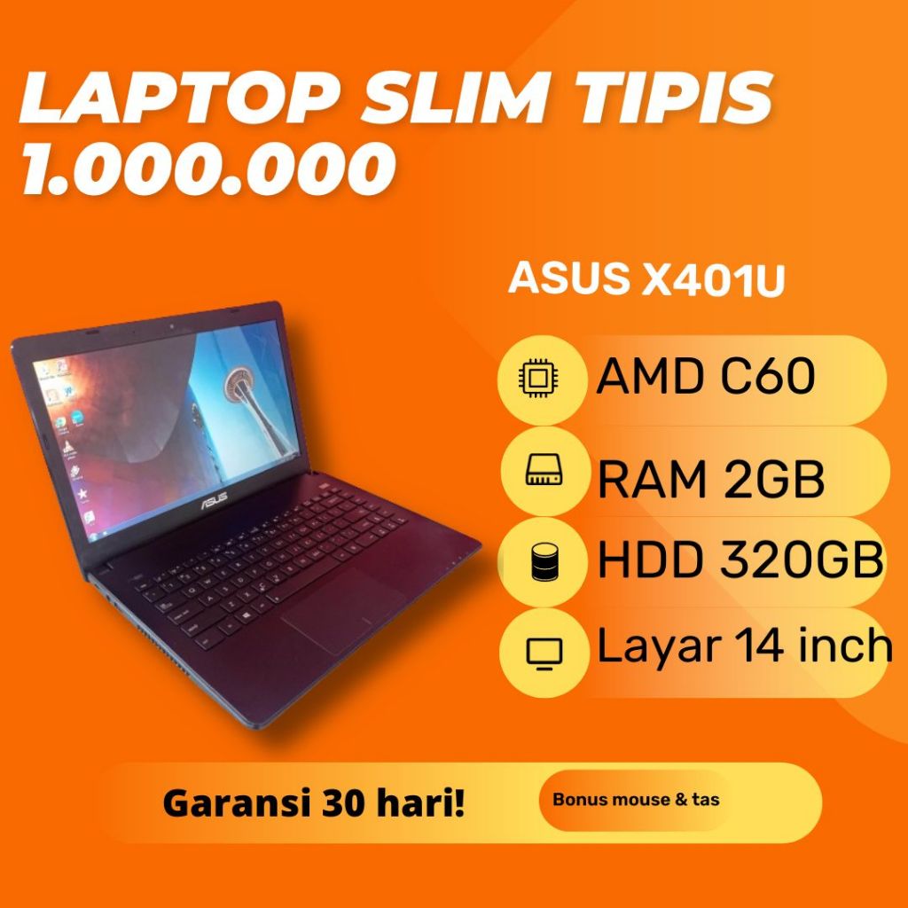 Asus X401U Hitam Slim Tipis AMD C-60RAM 2GB HDD 320GB Laptop Second Bekas