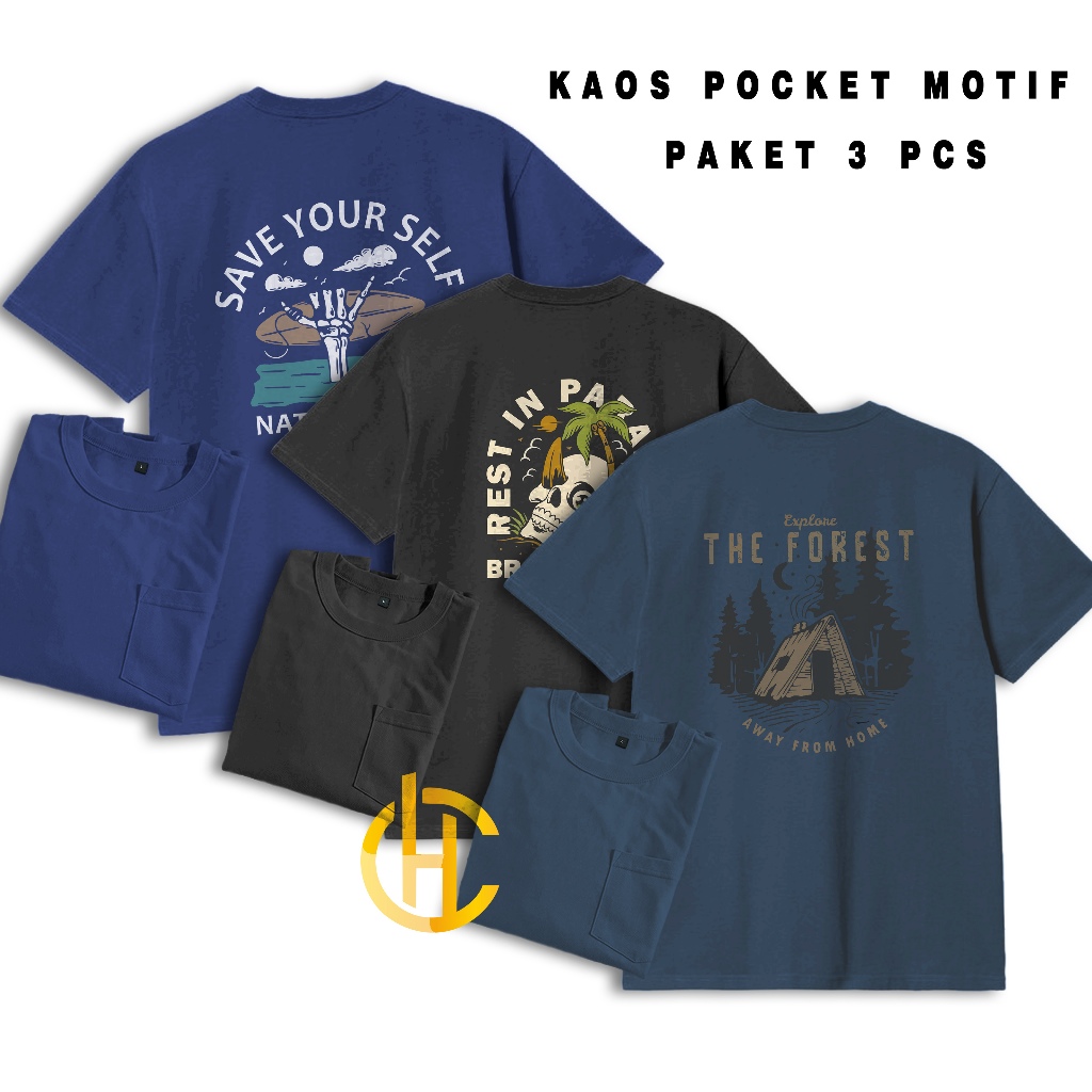 PAKET 3 100 K KAOS PRIA WANITA / KAOS SAKU DEPAN / KAOS PRIA MOTIF SAKU DEPAN