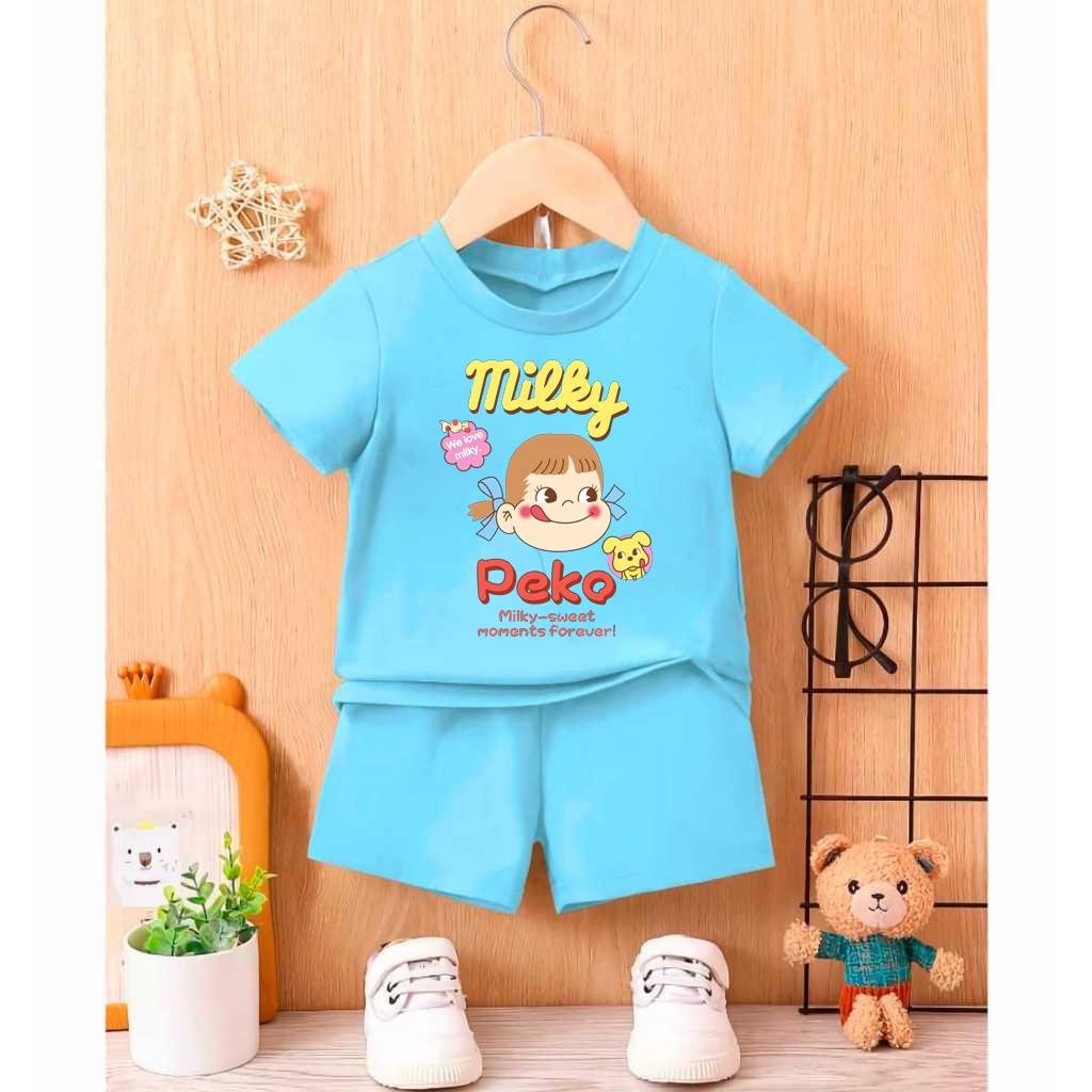 Setelan Kaos Celana Pendek Umur 1 - 8 Tahun Milky Peko Baju Usia Anak Perempuan Atasan Cewe Polos St
