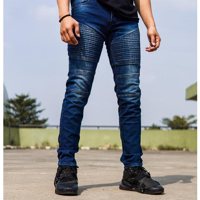 Overdose Celana Biker Jeans Pria | Vaqueros Denim Biker Pants Slim Fit Basic Egyptian Blue