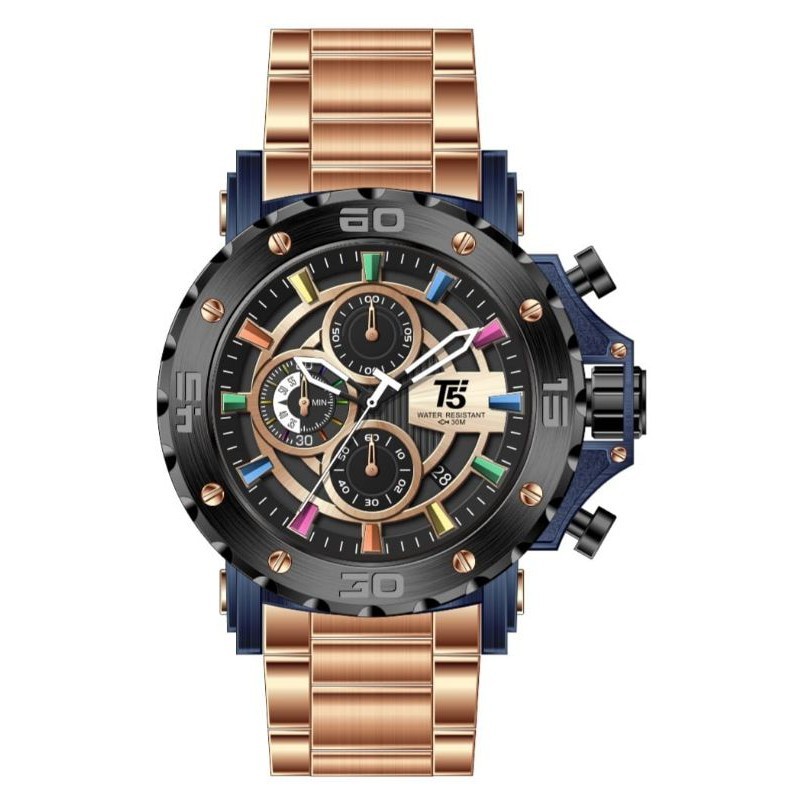Jam Tangan Pria T5 3702 ORIGINAL CHRONO Aktif Dial Rainbow Stainless Steel Bulat Cowok Premium