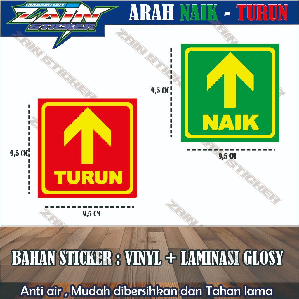 

stiker vinyl anti air/ waterproof PANAH TULISAN NAIK TURUN TANGGA PENANDA JALAN laminasi glossy