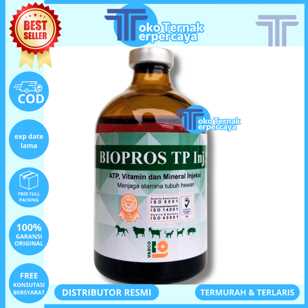 BIOPROS TP INJ 100ML VADCO - Vitamin Penguat Otot & Stamina Hewan Sapi Kambing Babi Anjing Kucing