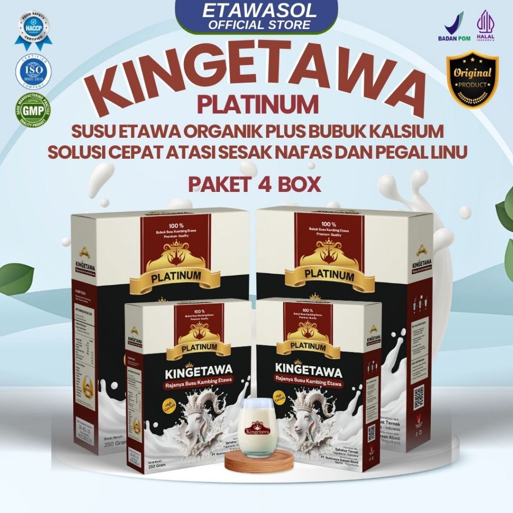 

Kingetawa Susu Kambing Etawa Tinggi Kalsium Untuk Masalah Sendi da Tulang Kemasan 250gr Paket 4 Box