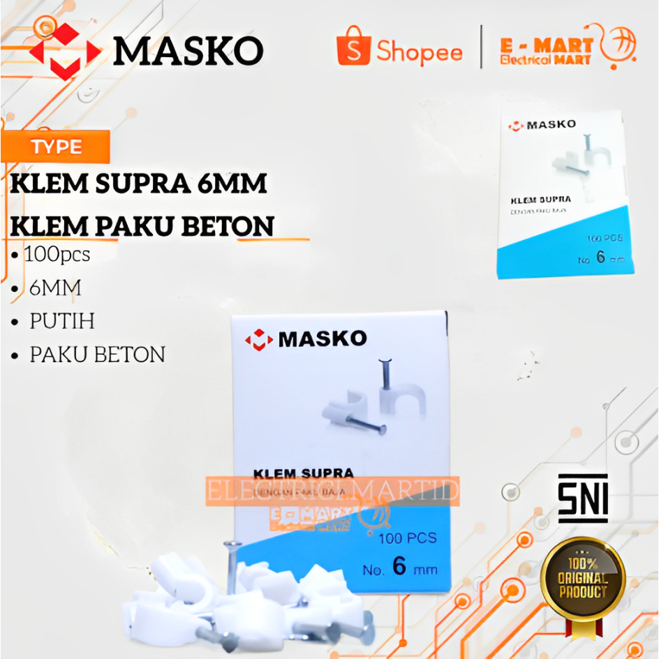 MASKO Klem Supra 6mm Klem Kabel 6 mm paku Beton KOTAK isi 100