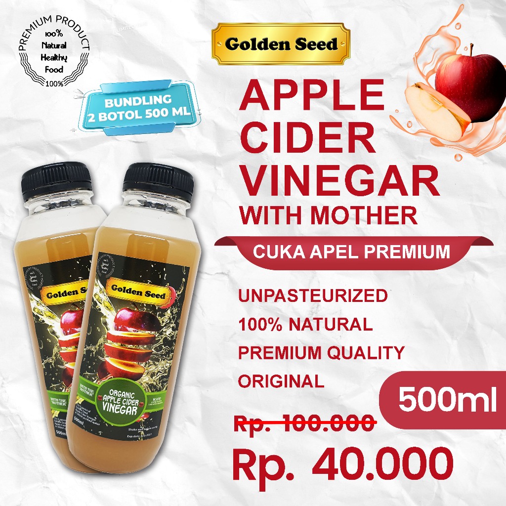 

(BUNDLING 2 BOTOL) CUKA APEL GOLDENSEED 500ML / CUKA APEL ORGANIC WITH MOTHER 500 ML/ PREMIUM APPLE CIDER VINEGAR WITH THE MOTHER (BOTOL PLASTIK)