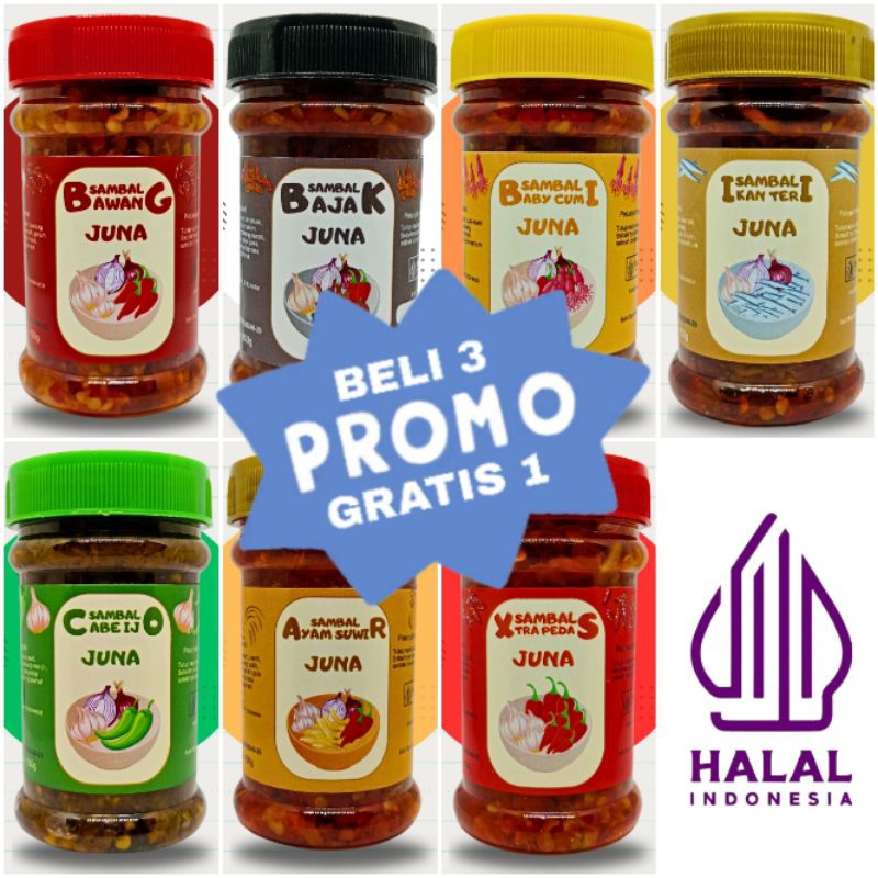 

BELI 3 GRATIS 1 - Sambal Juna - Sambel Jujur Enak - Cumi Teri Ikan Ayam Suwir Asap Bawang Cabe Ijo Rawit Pedas Food Asin Tongkol