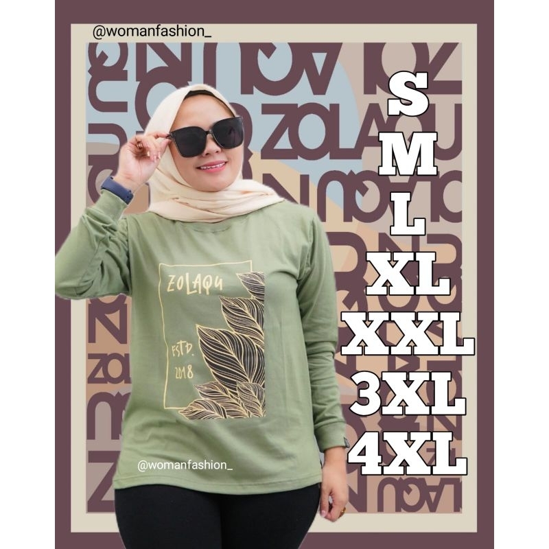 Kaos Wanita Zolaqu Hijau Daun Mas Original Fashionable T-Shirt Casual Oversize Lengan Panjang Atasan