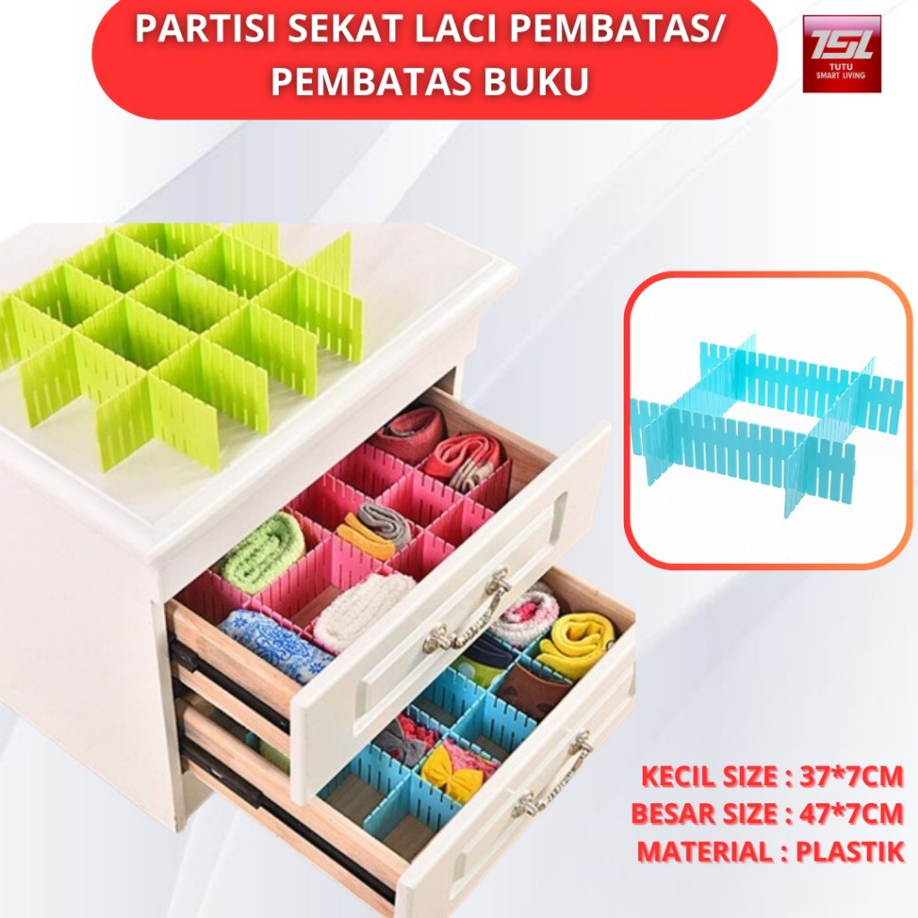 

TUTU Partisi Sekat Laci Pembatas/ Pembatas buku/Penyangga Buku/Desktop Organizer isi 4 Pcs Pembatas Kotak Laci lebih rapih