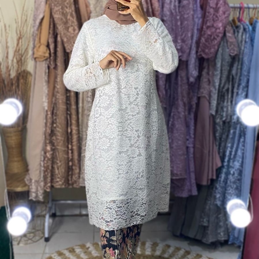 atasan kebaya brokat jumbo bianca long cape kebaya tunik super jumbo - PUTIH