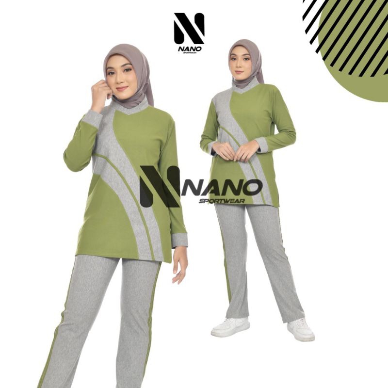 setelan baju celana olahraga senam zumba aerobik muslim hijau alpukat bahan denim spandek katun prem