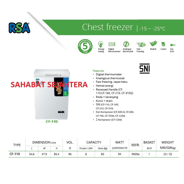RSA Chest Freezer Kap 96Liter CF-110 Freezer Box Pembeku Daging, Ikan, Es Krim Garansi Resmi