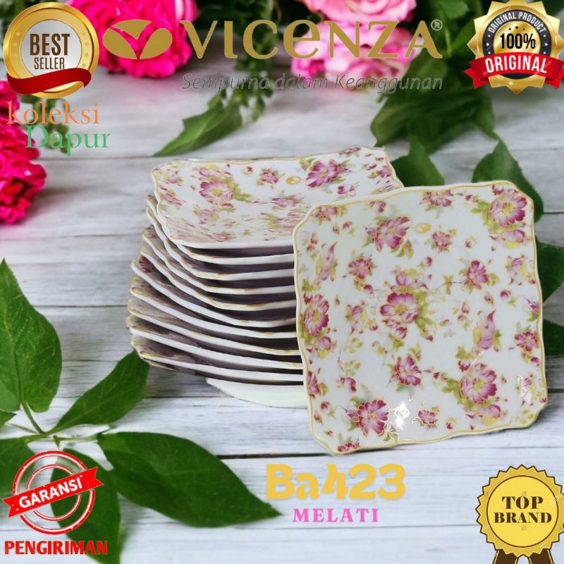 Piring Kue Vicenza Ba423 Motif Mawar, Set Satu Lusin Piring Kotak Kecil, Piring Kecil Porselen Denga