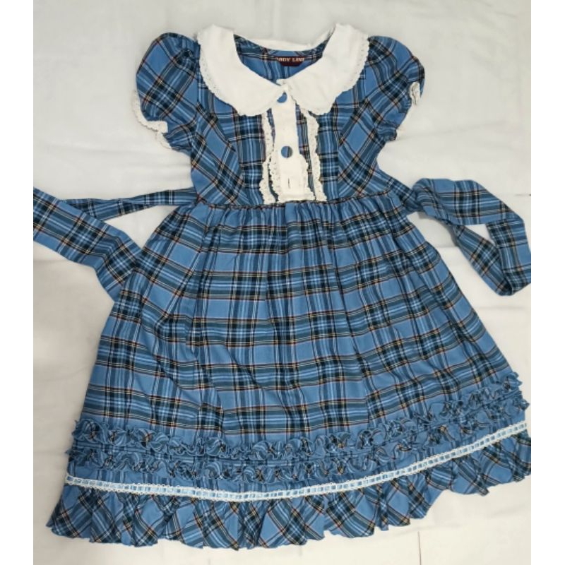 Preloved Kawaii Lolita Dress Bodyline Tartan biru