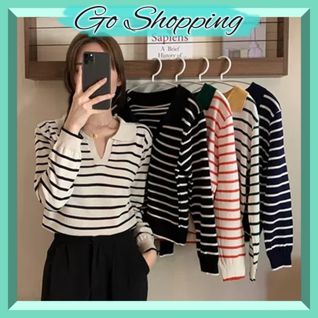 GOBJ1618 Baju Knitwear Sweater Crop Rajut Sweater Garis Bahan Rajut  CropTop Lengan Panjang