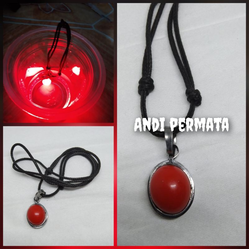 Kalung liontin batu pospor merah nyala jika kena air