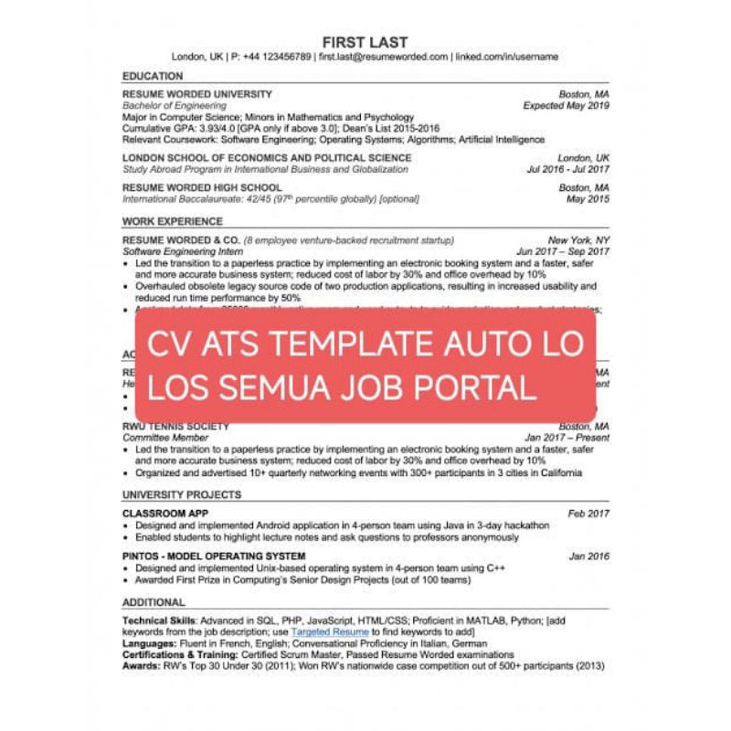 CV ATS Template Auto lolos Job Portal