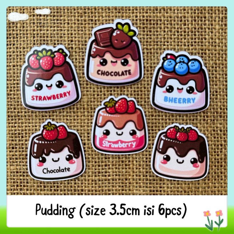 

6pcs sticker tempelan glossy pudding / sticker snack makanan