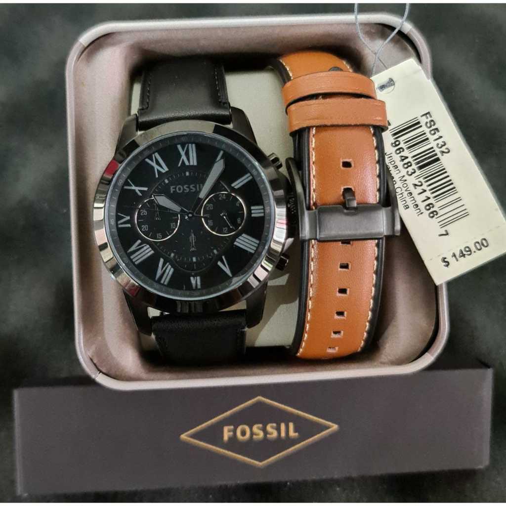 Fossil Men's Grant Chronograph FS5132 FS 5132 Set Strap Leather Jam Tangan Pria Original & Manual Bo