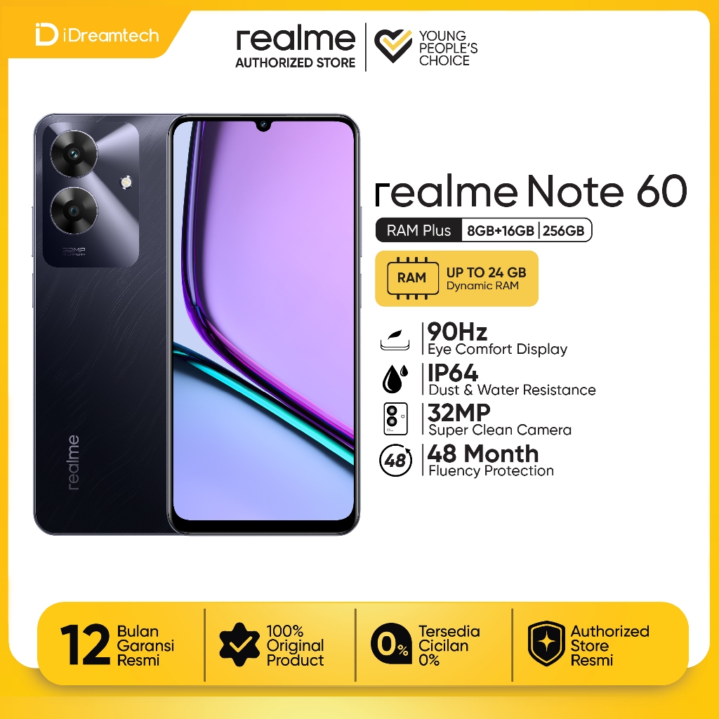 realme Note 60 8GB+16GB*|256GB (ArmorShell™ Protection | TÜV Rheinland | 32MP Camera| 48-month Fluency | IP64 Dust & Water Resistant-Marbale Black