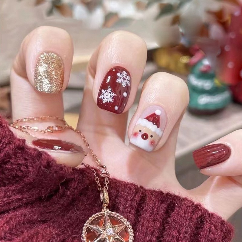 YAAYEE NAILS R621 Kuku Palsu Isi 24 pcs Maroon Glitter Gold Christmas Edition Natal + Lem Jelly