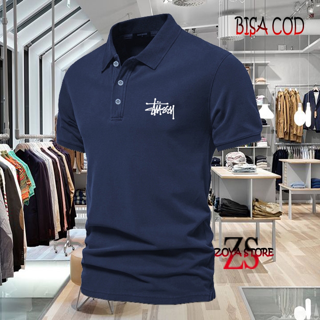 COD T-shrit POLO kerah Stussy Text Putih Kaos Kerah Dewasa Shirt / Kaos Wangki Pria Polo / Kaos Sera