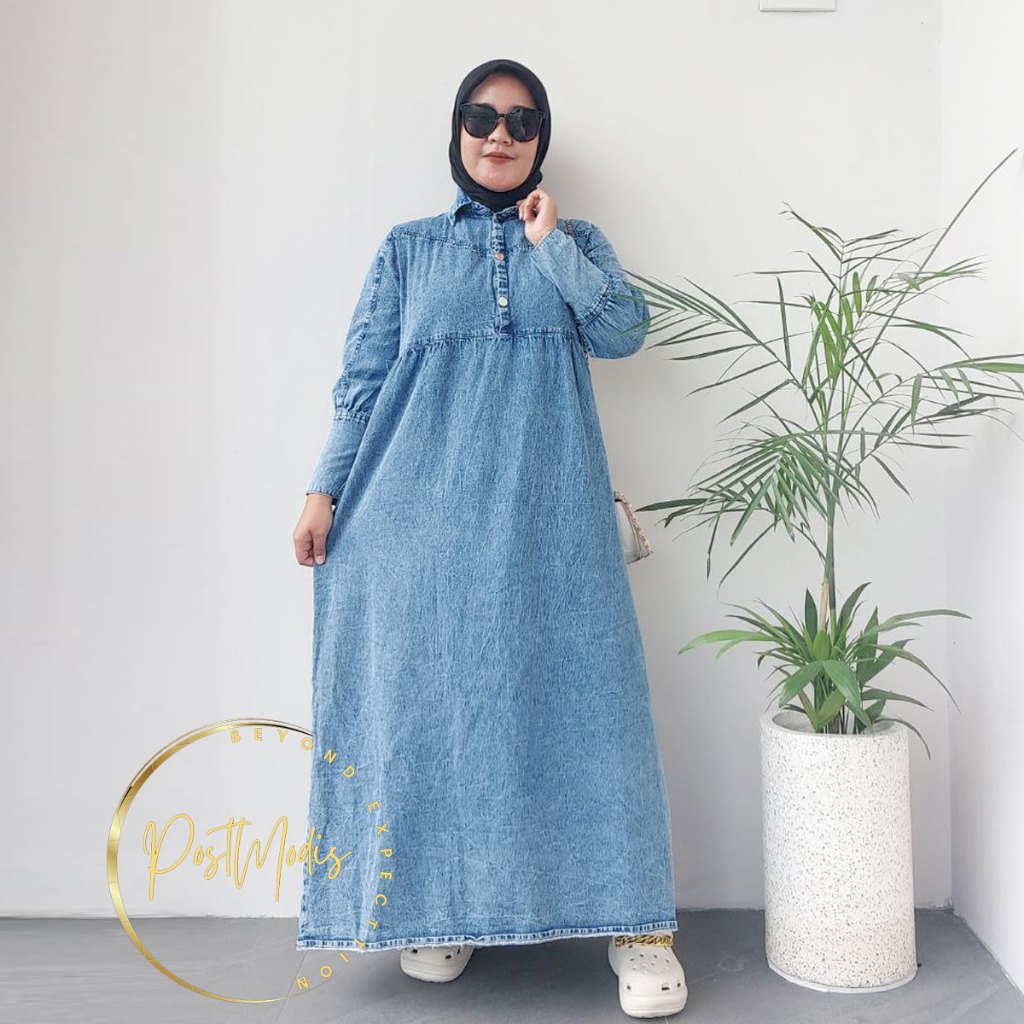 SYAHRINI GAMIS JEANS DRESS BAJU WANITA MUSLIM MODERN KEKINIAN TERBARU KONDANGAN LEBARAN REMAJA RCS