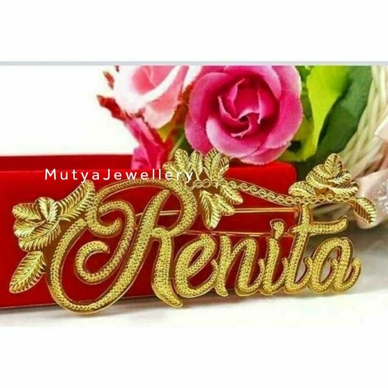 Bros Ukir Nama Motif Bunga/ Bros Dada Ukir Nama Lapis Emas 24k