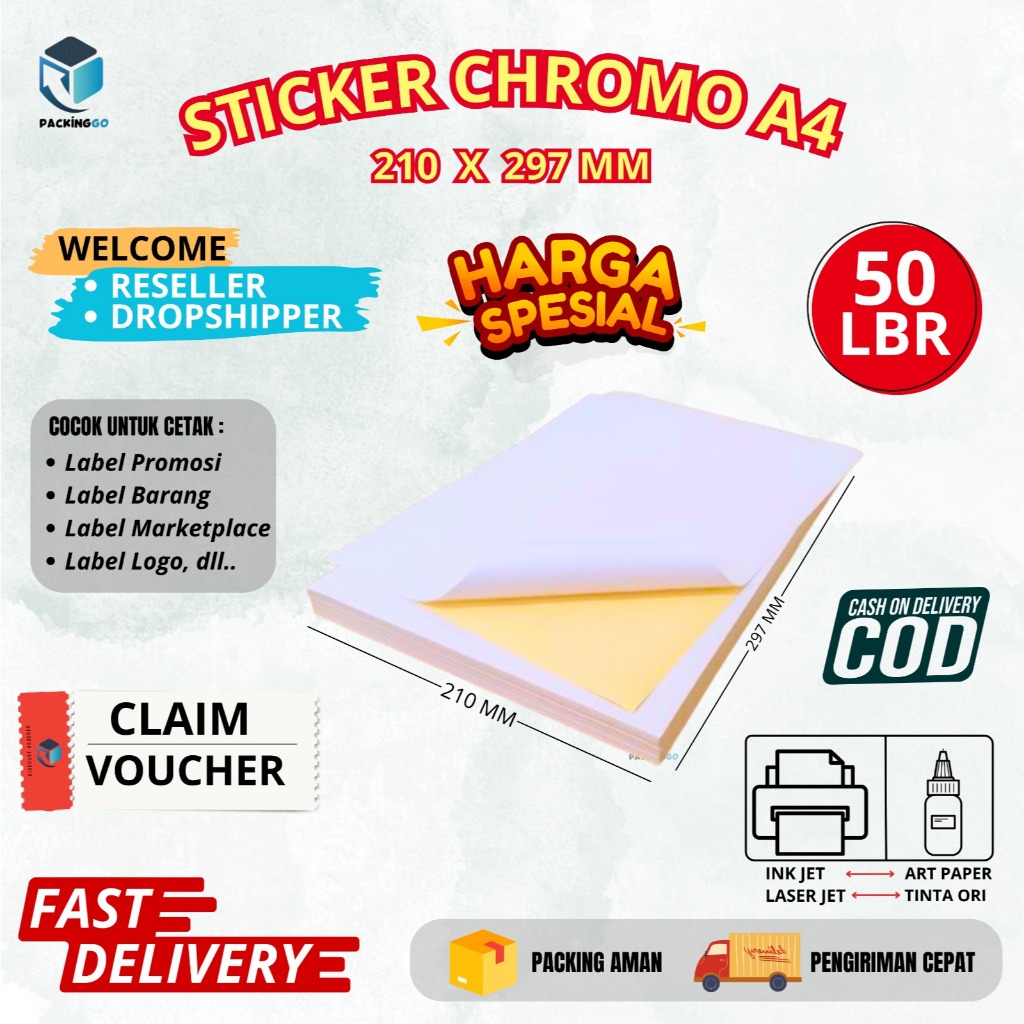 

STICKER CHROMO A4 ISI 50 LEMBAR / KERTAS STIKER GLOSSY MENGKILAP A4