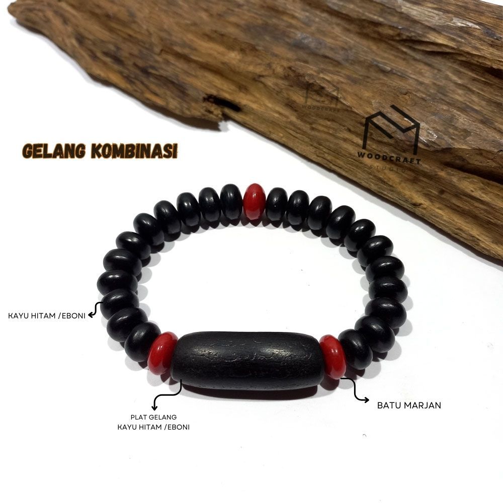 Gelang kombinasi kayu  hitam/eboni kalimantan & batu Marjan model pipih roda warna natural alami