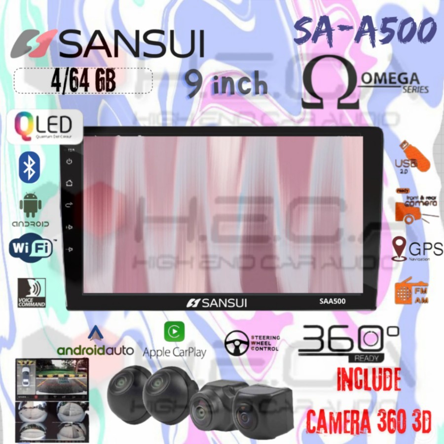 SANSUI SAA500 OMEGA QLED 4/64 GB Android 9" Inch SA-A500 Head Unit Tape TV Mobil Double din 2Din + C