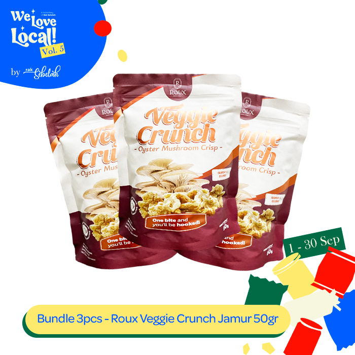 

Bundle 3pcs Roux Veggie Oyster Mushroom Crisp 50g - Keripik Jamur Tiram Less Oil | Healthy Snack | Rak Sebelah