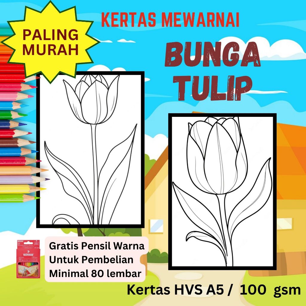 Kertas Mewarnai Ukuran A5 / Bunga Tulip / GAMBAR MEWARNAI / COLORING BOOK / Untuk SD TK PAUD