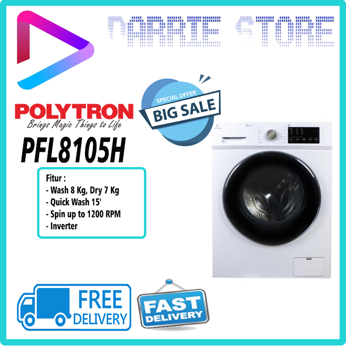 Polytron PFL 8105H Mesin Cuci Front Loading Inverter 8 Kg Putih