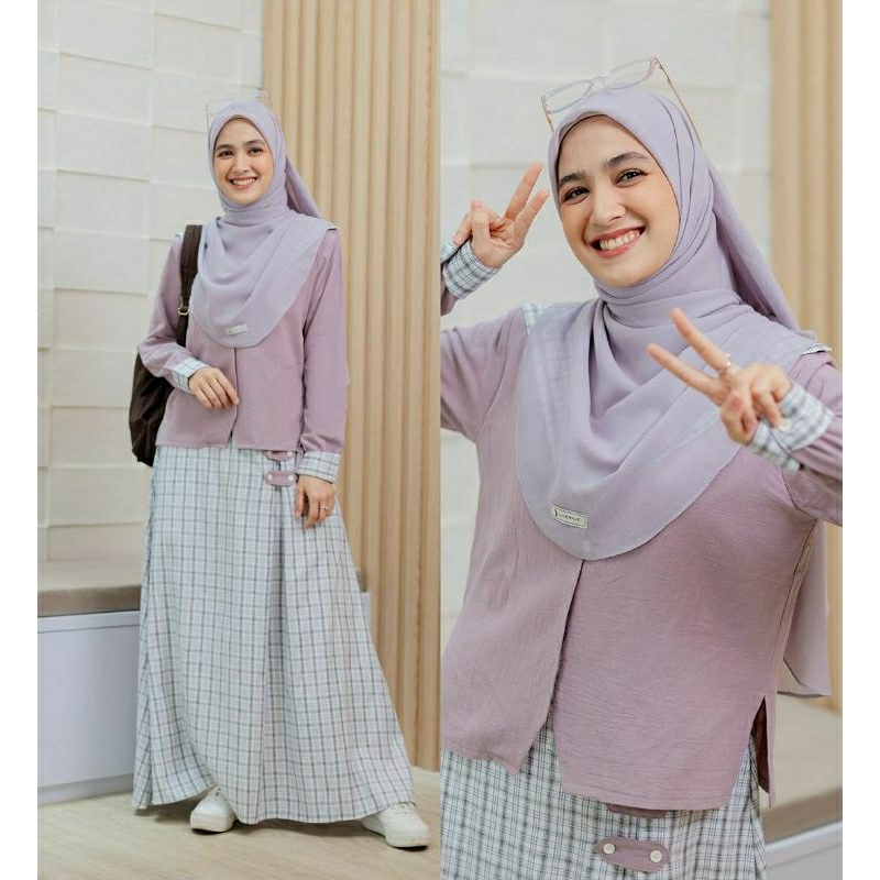SYAHLA DRESS JILBRAVE | Gamis motif kotak kotak dengan Outer menyatu | Outfit kuliah | Casual muslim