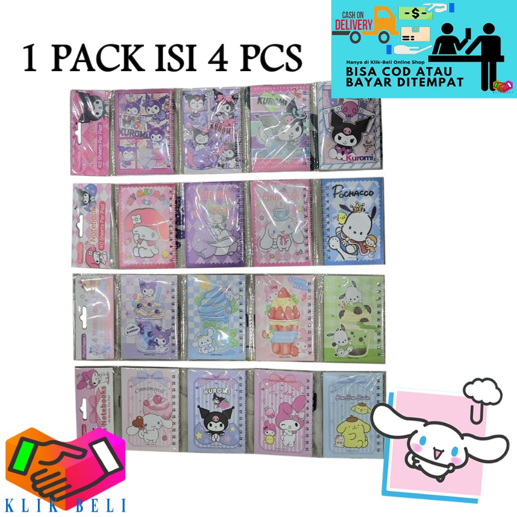 

(1 PACK ISI 4 PCS) Catatan Buku Diary Notebook Motif Sanrio A7 Renceng Note Book Memo Ring Agenda