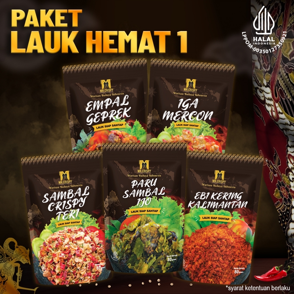 

Lauk Siap Saji By Mr. Crispy - Lauk Empal Geprek/Iga Mercon/Teri/Ebi Kering/Paru Sambal Ijo 80 gr