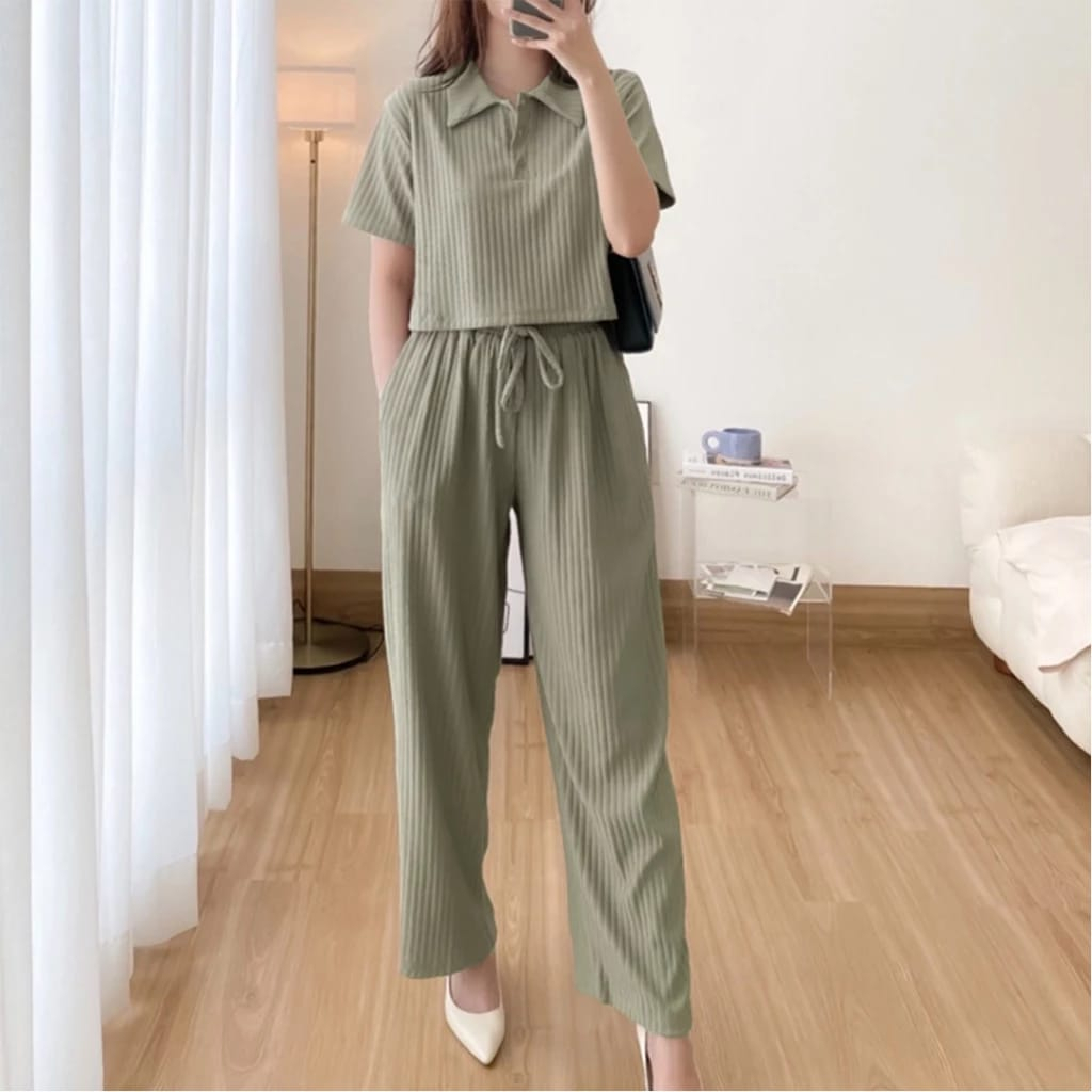 LUNA oneset knit polo celana panjang set rib knit premium setelan knit wanita atasan crop polo top c