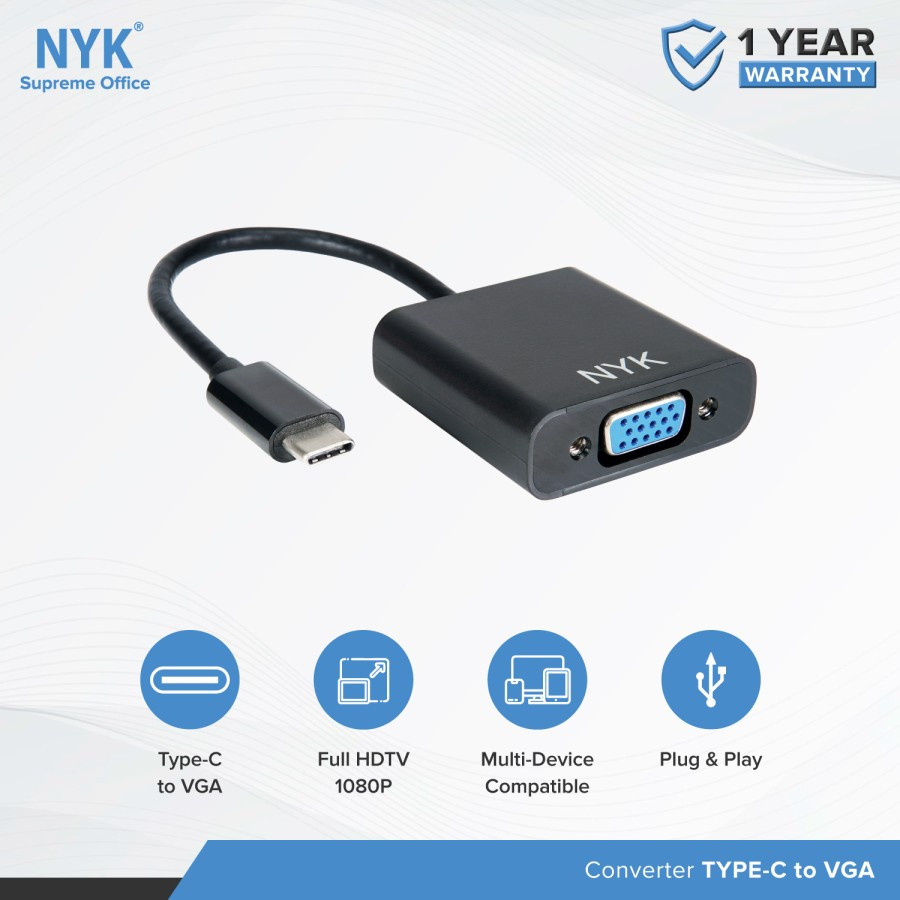NYK USB 3.1 Type C to VGA Converter Cable Original Adapter USB-C ke VGA Support Full HD