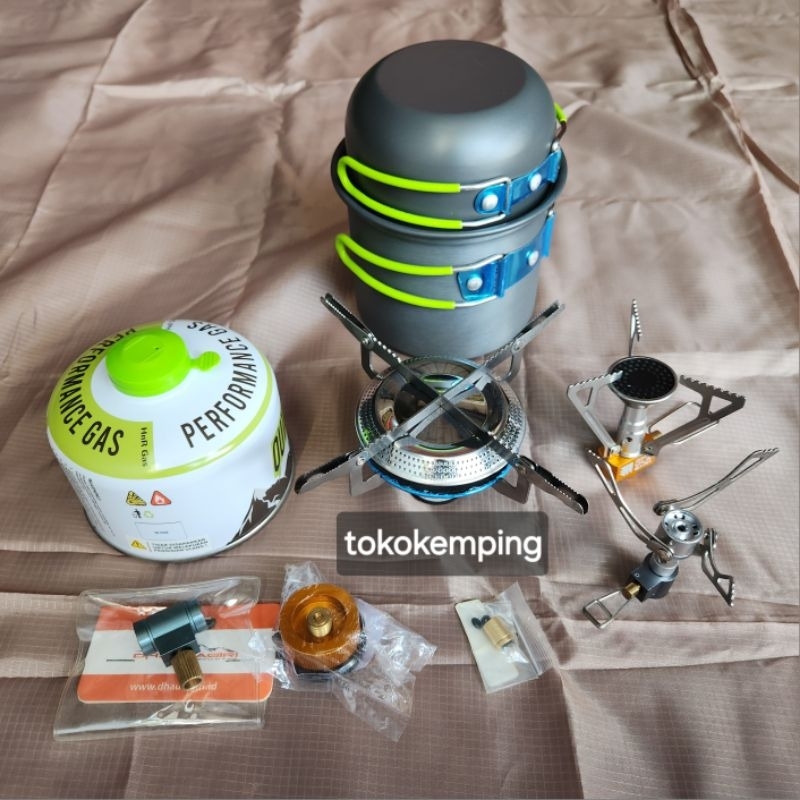 Perlengkapan masak UL : Tabung canister HnR 230 gram, Cooking set DS-101, Kompor lipat DH M-03, mini