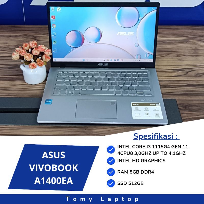 LAPTOP BEKAS ASUS VIVOBOOK A1400EA/INTEL CORE I3-1115G4/RAM 8GB DDR4/ SSD 512GB/ 14INCH FHD