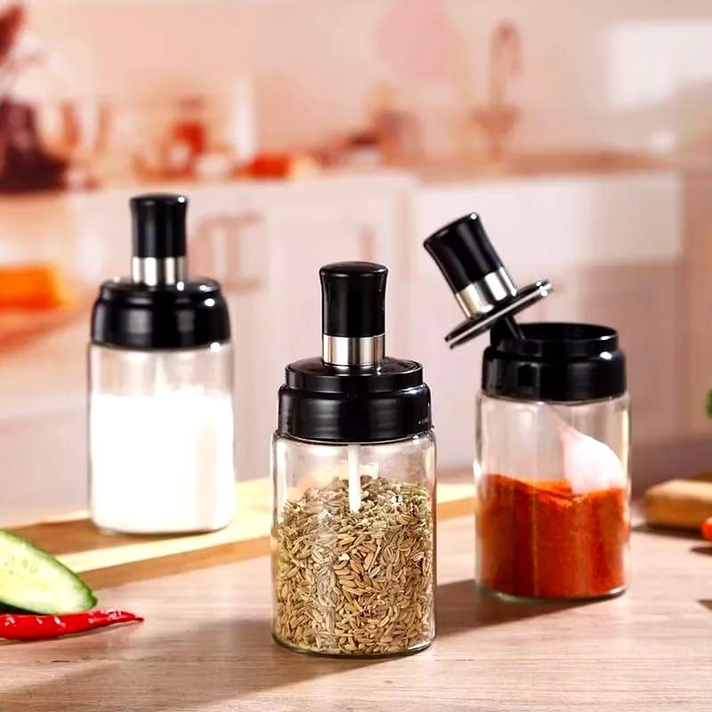 Botol bumbu kaca set sendok/Tempat bumbu kaca pkus sendok/Toples wadah bumbu kaca plus sendok