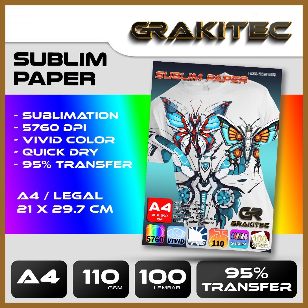 

GRAKITEC Kertas Sablon Sublim Transfer Paper isi 100 Lembar A4 / LEGAL F4+ / A3 110 Gsm